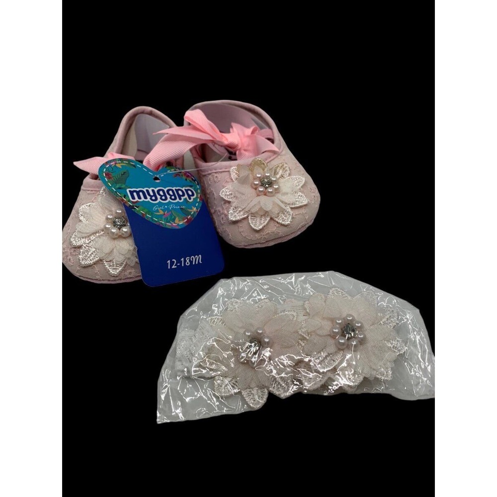 Myggpp Baby Mary Jane Bowknot Pink Eyelet Floral‎ Princess Soft Shoes 12-18 Mth